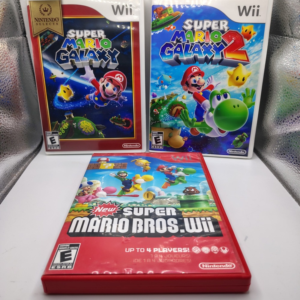 Nintendo Wii Super Mario Game Lot Galaxy 1 & 2 New Super Mario Bros Wii Bundle